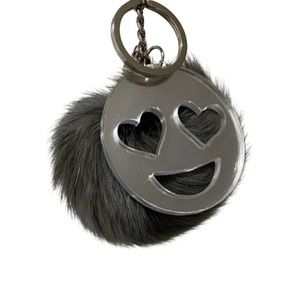 Cute Gray Pompom Fur Ball & Smiley Keychain Key Ring Holder Bag Purse Accessory